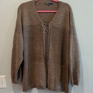 89th & Madison Brown V-Neck Sweater with Lace-Up Detail